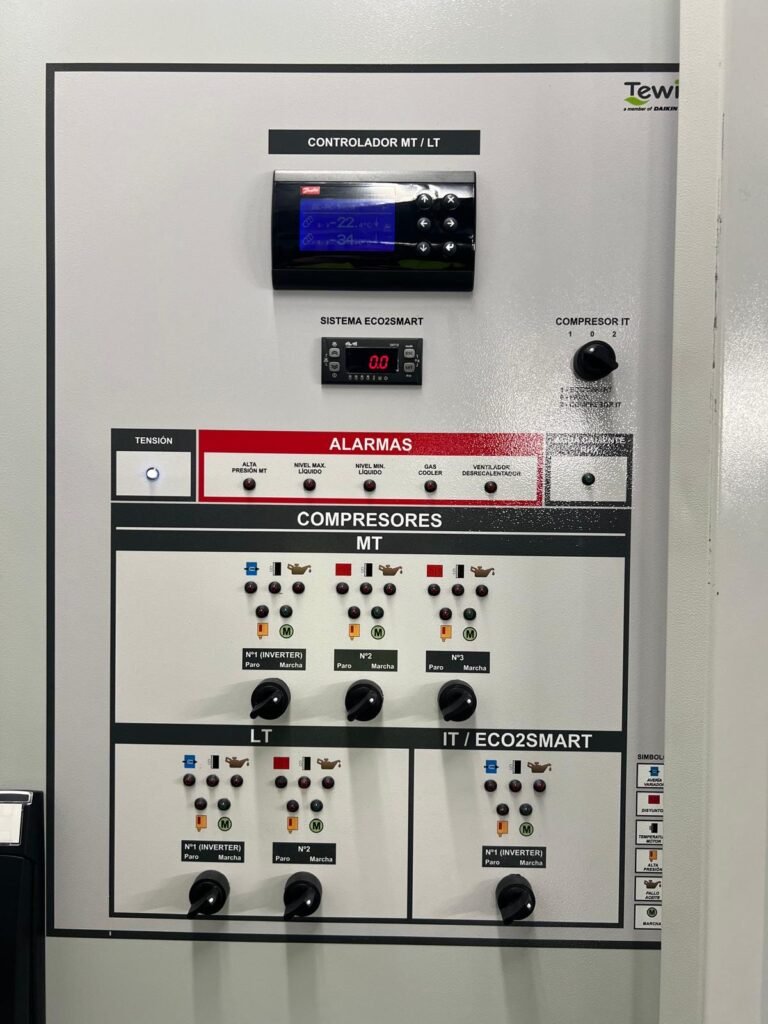 Cuadro de control de una central de CO₂ con los mandos del sistema ECO2SMART
